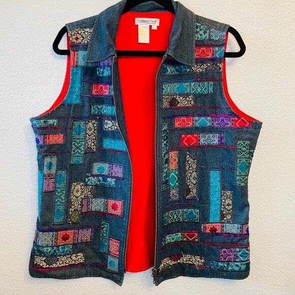 Coldwater Creek Denim Patchwork Embroidered Applique Zip Collared Vest | Large - Picture 8 of 8